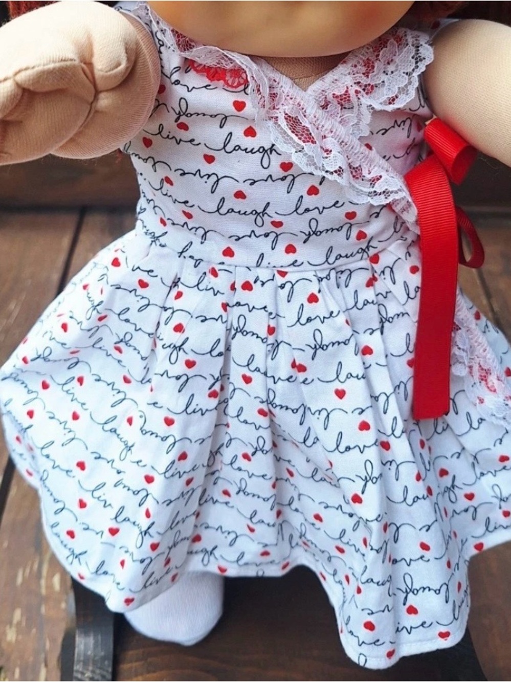White Heart & Script Doll Wrap Dress with Red Ribbon - fits Cabbage Patch doll